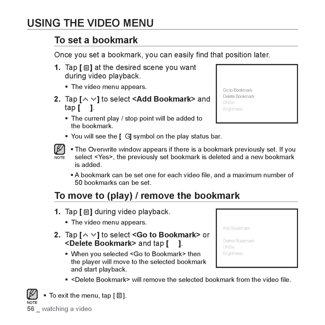 Samsung YP-S5 user manual Using the Video Menu, Tap during video playback 