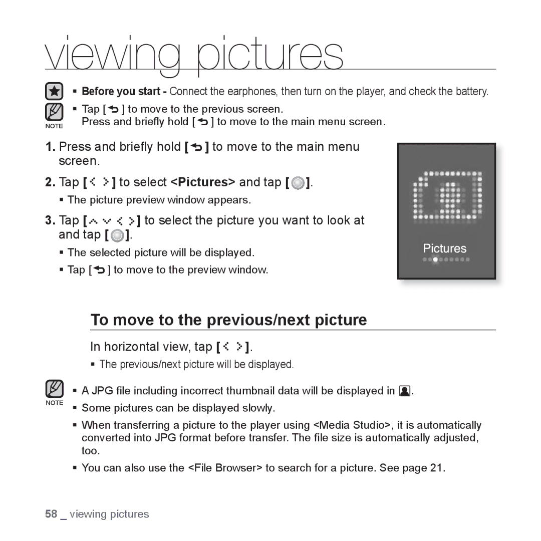 Samsung YP-S5 user manual Viewing pictures, To move to the previous/next picture, Horizontal view, tap 