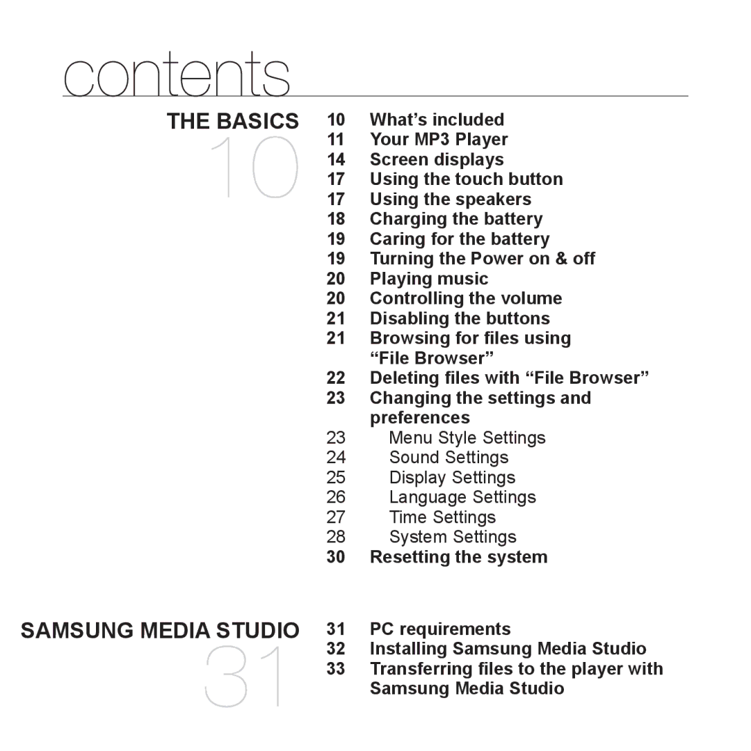 Samsung YP-S5 user manual Contents 