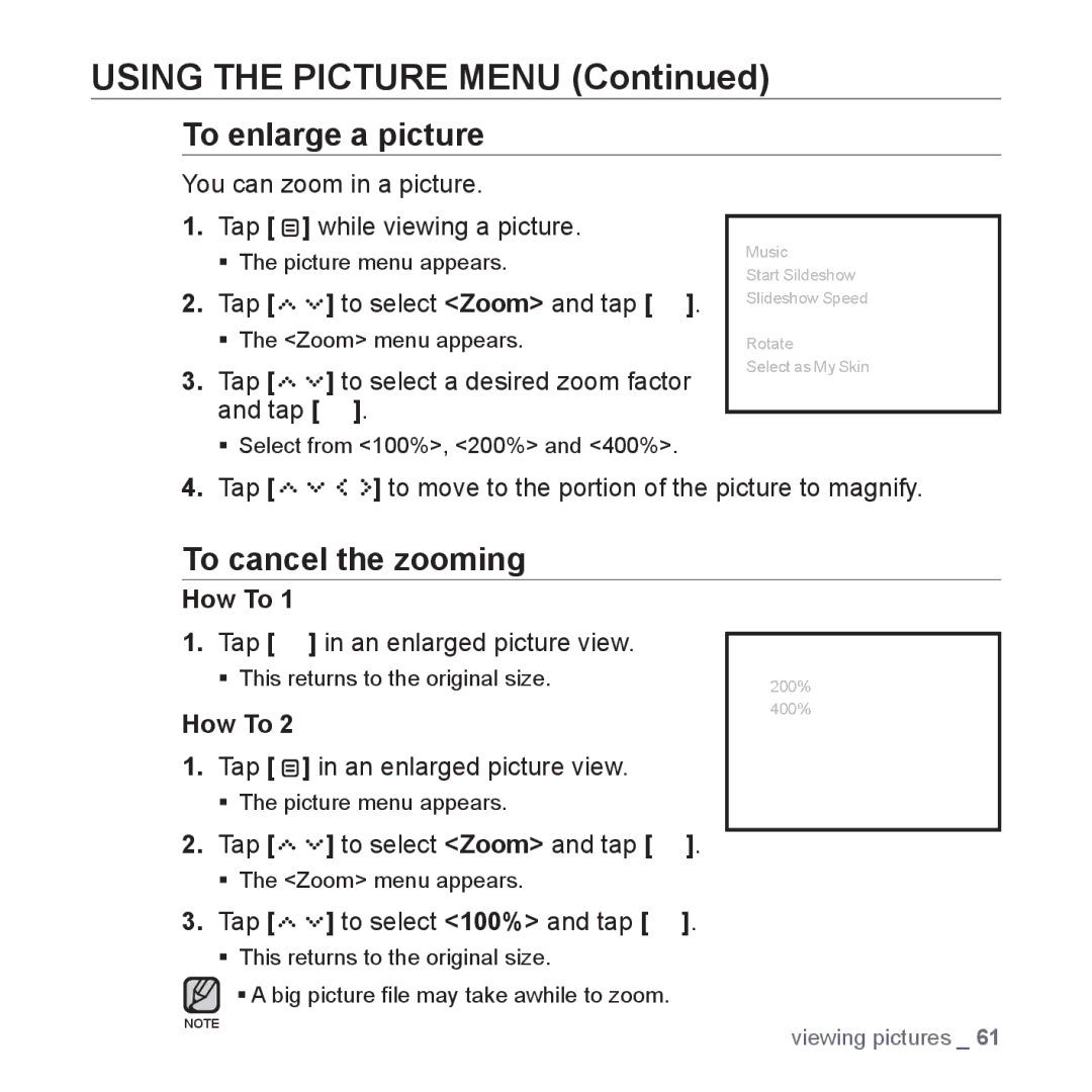 Samsung YP-S5 user manual To enlarge a picture, To cancel the zooming 