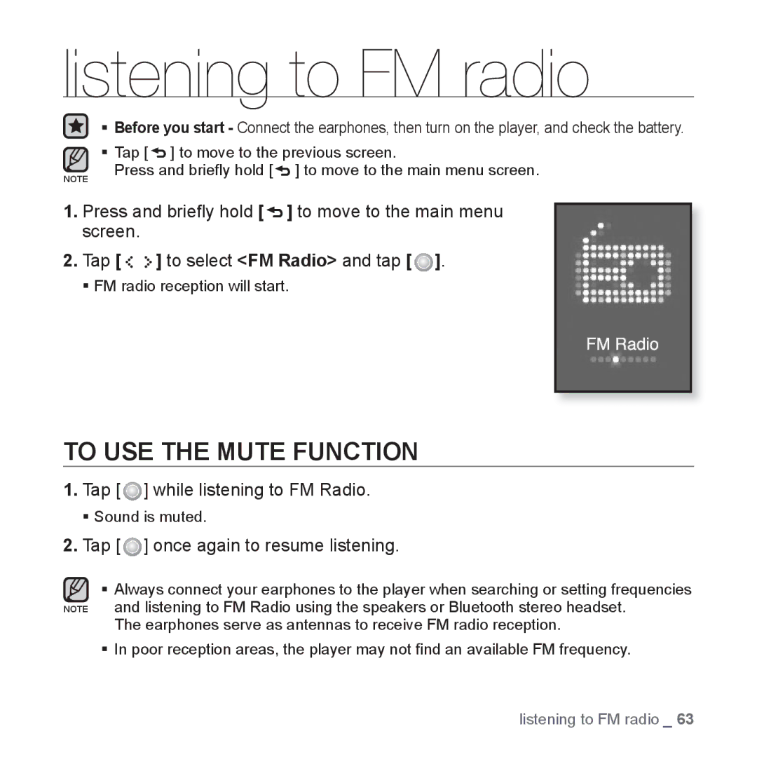 Samsung YP-S5 user manual Listening to FM radio, To USE the Mute Function, Tap while listening to FM Radio 