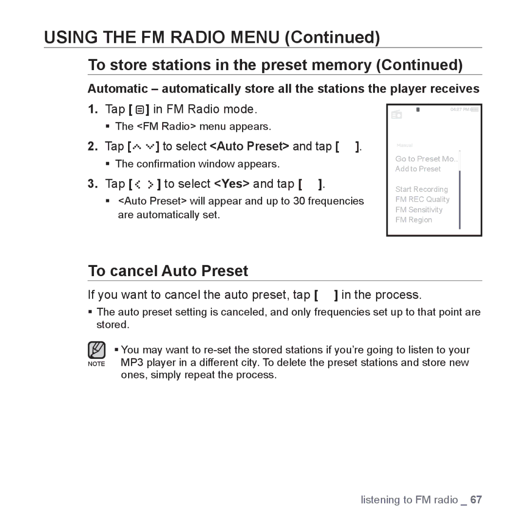 Samsung YP-S5 user manual To cancel Auto Preset, Tap in FM Radio mode, Tap to select Auto Preset and tap 