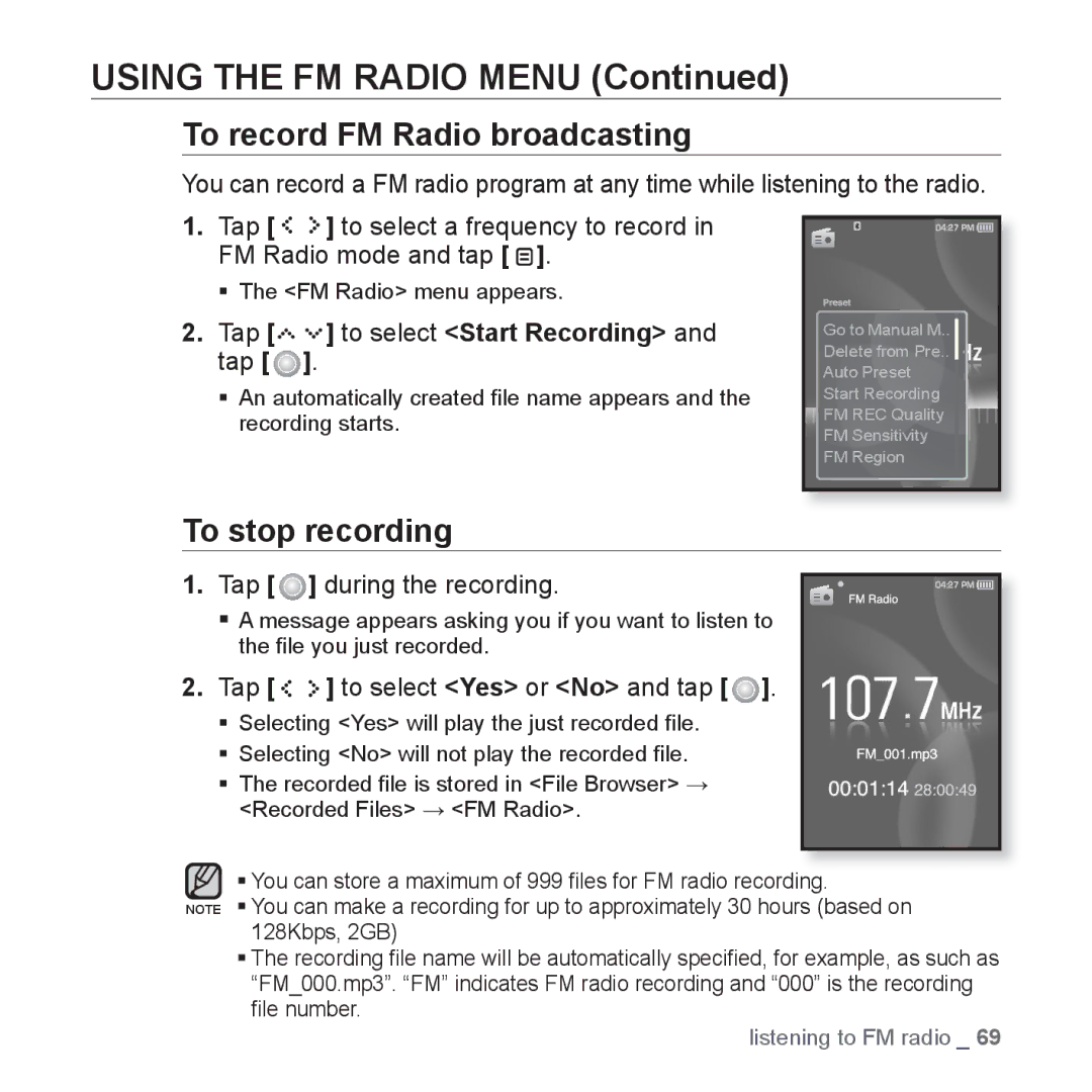 Samsung YP-S5 user manual To record FM Radio broadcasting, To stop recording, Tap to select Start Recording and tap 