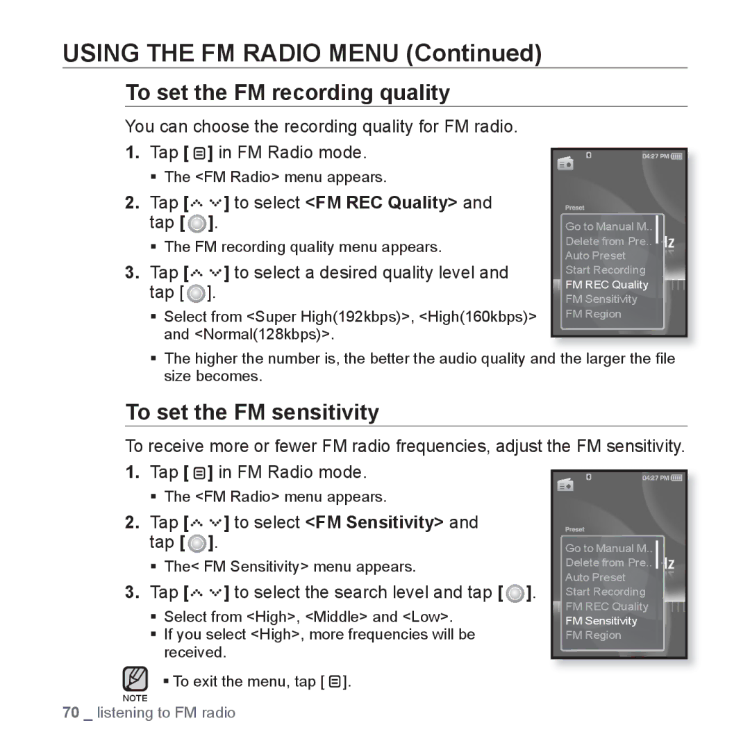 Samsung YP-S5 user manual To set the FM recording quality, To set the FM sensitivity, Tap to select FM REC Quality and tap 