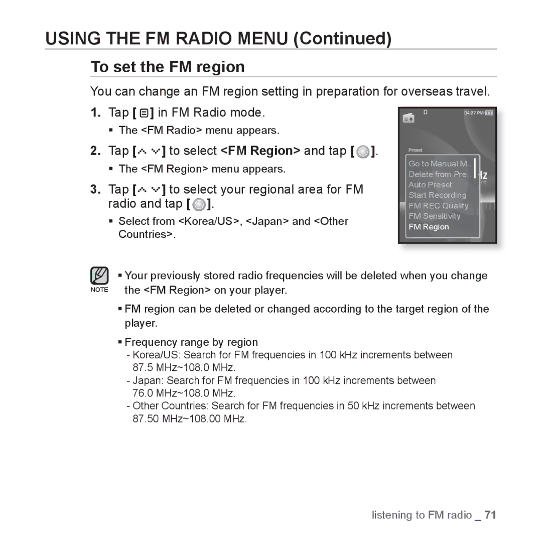 Samsung YP-S5 To set the FM region, Tap to select FM Region and tap, Tap to select your regional area for FM radio and tap 