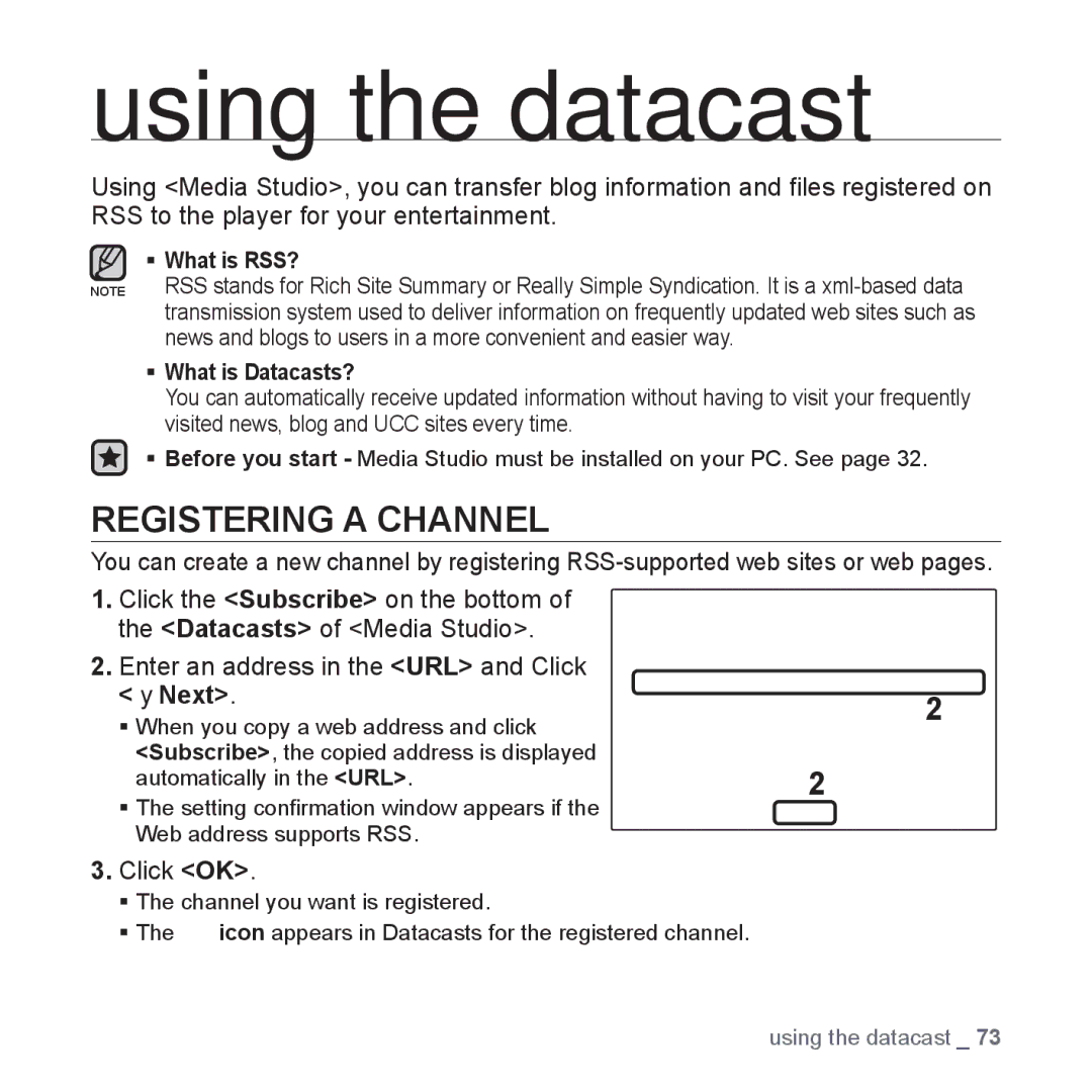 Samsung YP-S5 user manual Using the datacast, Registering a Channel, ŹNext, Click OK 