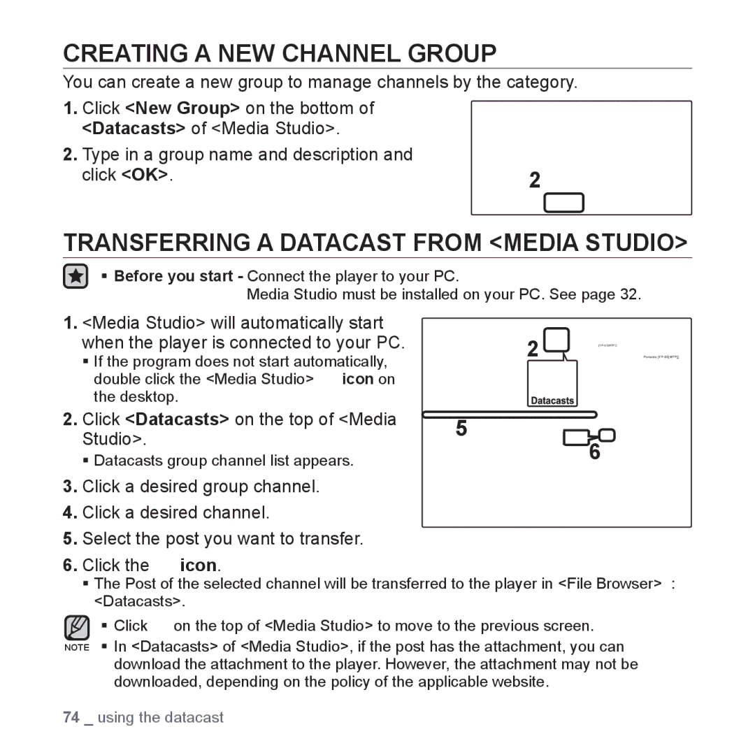 Samsung YP-S5 user manual Creating a NEW Channel Group, Transferring a Datacast from Media Studio 