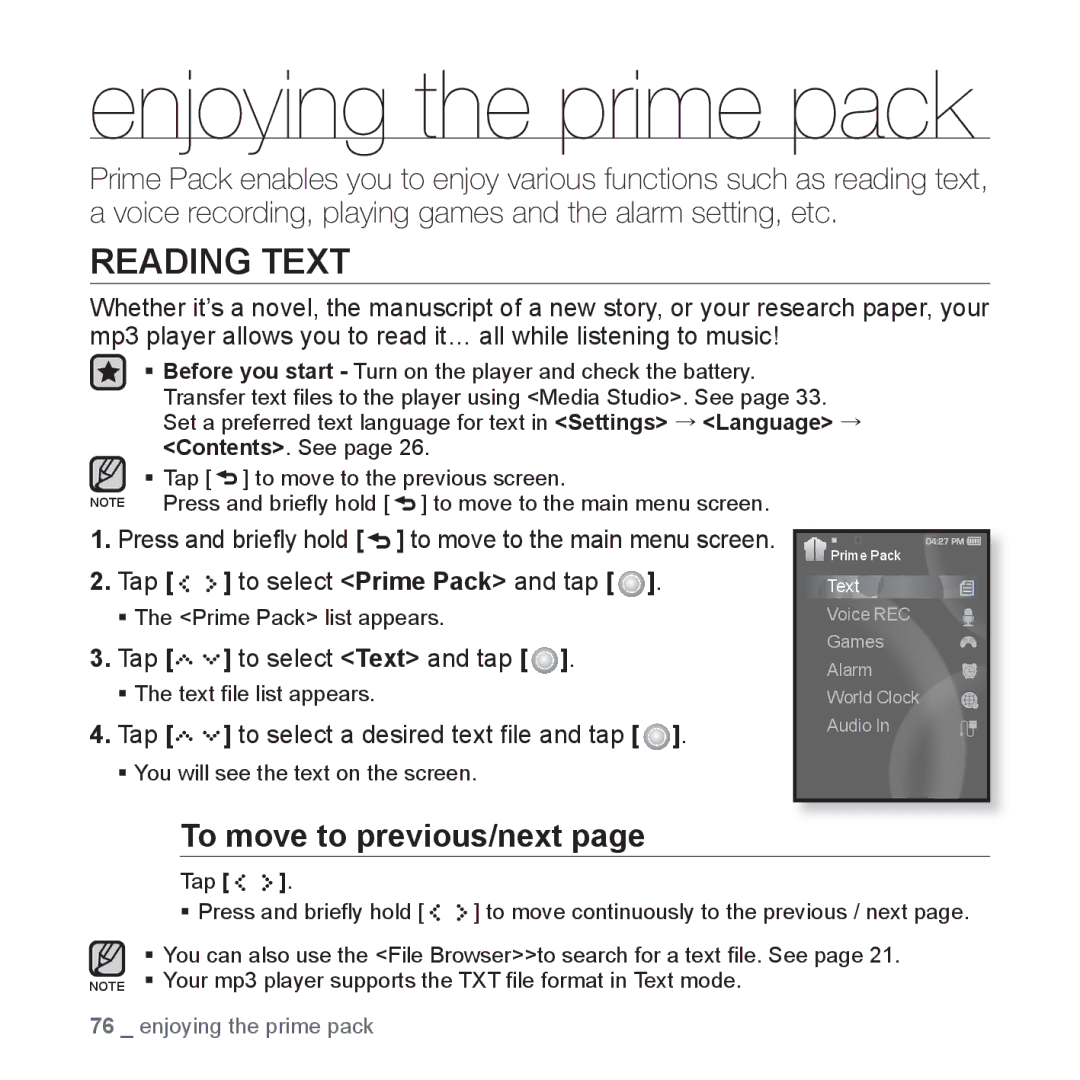 Samsung YP-S5 user manual Enjoying the prime pack, Reading Text, To move to previous/next 