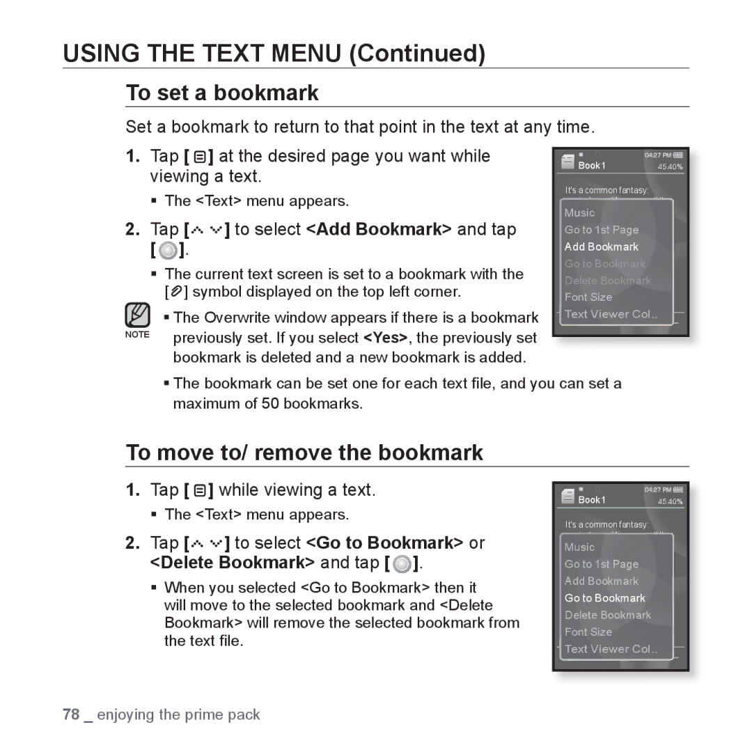 Samsung YP-S5 Using the Text Menu, To move to/ remove the bookmark, Tap At the desired page you want while, Viewing a text 