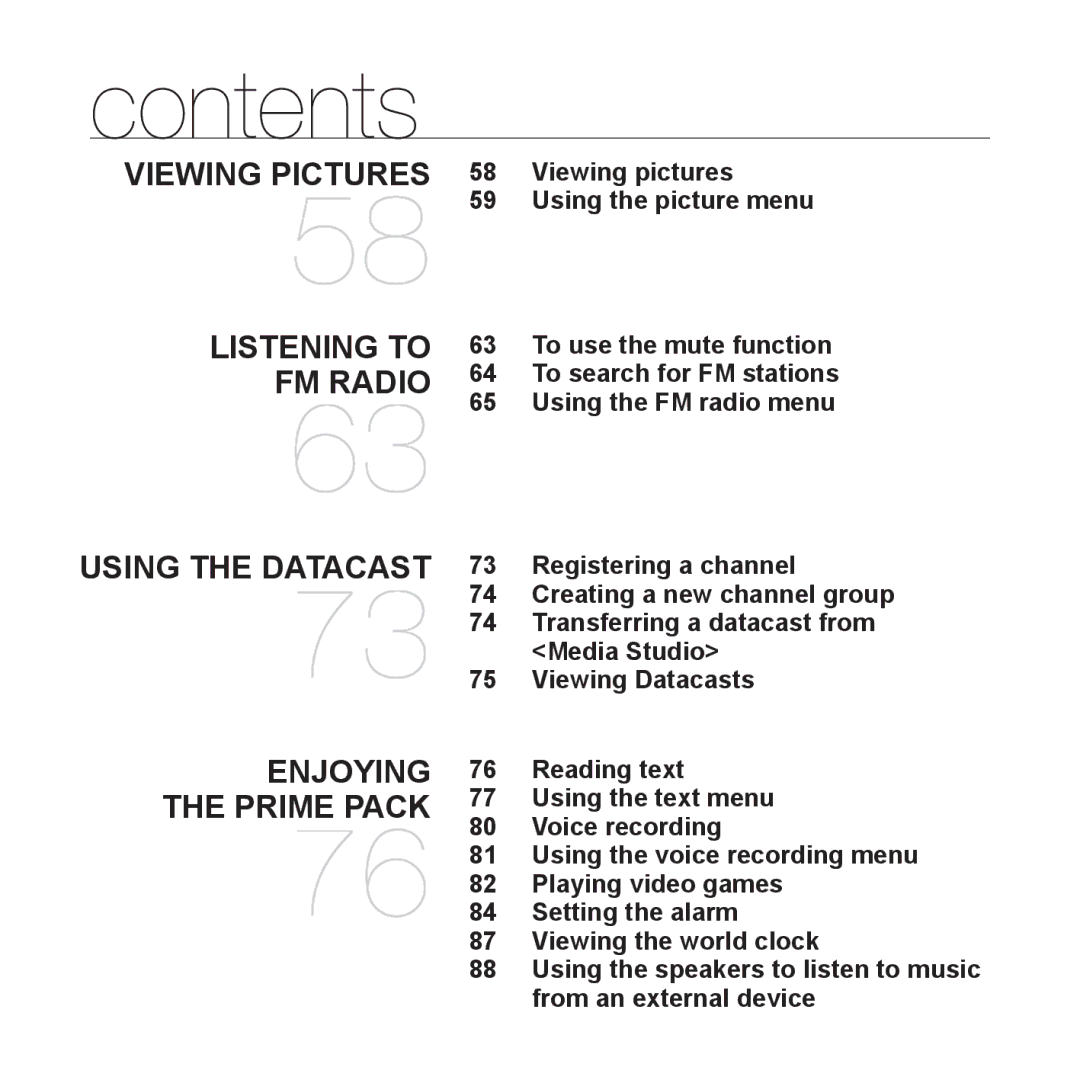 Samsung YP-S5 user manual Viewing pictures Using the picture menu, Registering a channel, Media Studio, Viewing Datacasts 