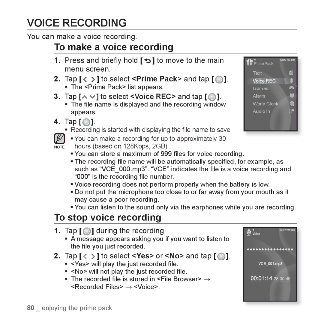 Samsung YP-S5 user manual Voice Recording, To make a voice recording, To stop voice recording 