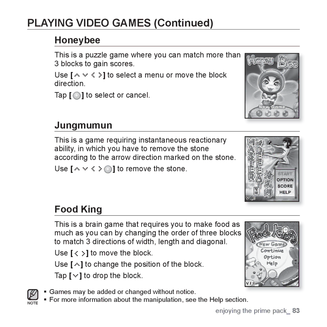Samsung YP-S5 user manual Playing Video Games, Honeybee, Jungmumun, Food King, Use to remove the stone 