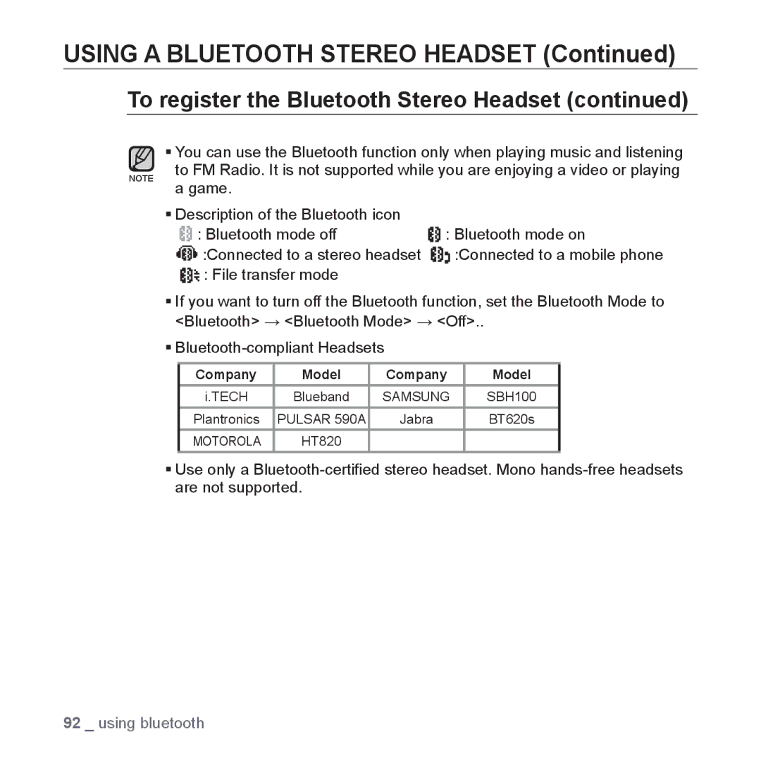 Samsung YP-S5 user manual Using a Bluetooth Stereo Headset 