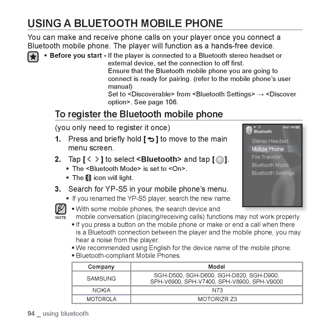 Samsung YP-S5 Using a Bluetooth Mobile Phone, To register the Bluetooth mobile phone, You only need to register it once 