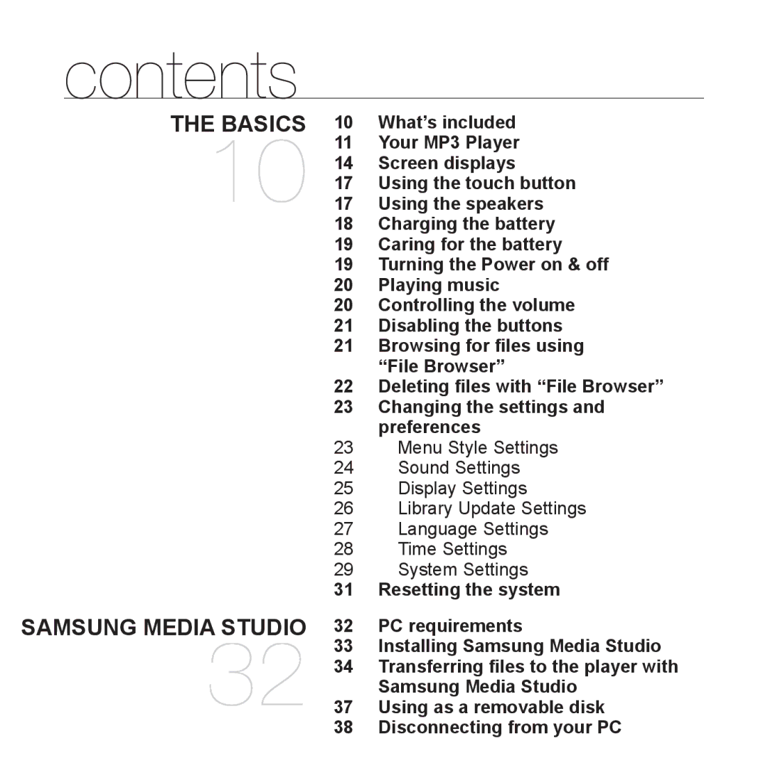 Samsung YP-S5QW/AAW, YP-S5AB/HAC, YP-S5QB/HAC, YP-S5QW/HAC, YP-S5CW/HAC, YP-S5AB/AAW, YP-S5AW/HAC, YP-S5AB/MEA manual Contents 