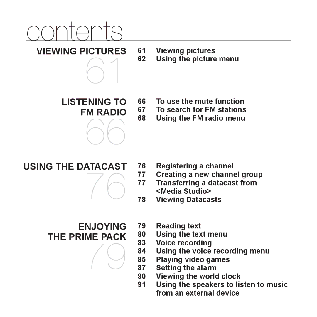 Samsung YP-S5AW/XSG manual Viewing pictures Using the picture menu, Registering a channel, Media Studio, Viewing Datacasts 