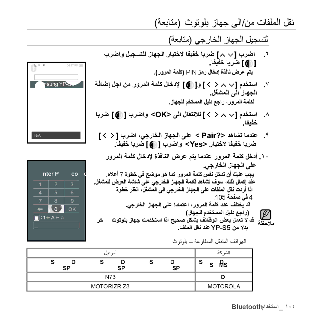 Samsung YP-S5CW/AAW, YP-S5AB/HAC, YP-S5QB/HAC manual ةعباتم ثوتولب زاهج ىلا/نم تافلملا لقن, ةعباتم يجراخلا زاهجلا ليجستل 