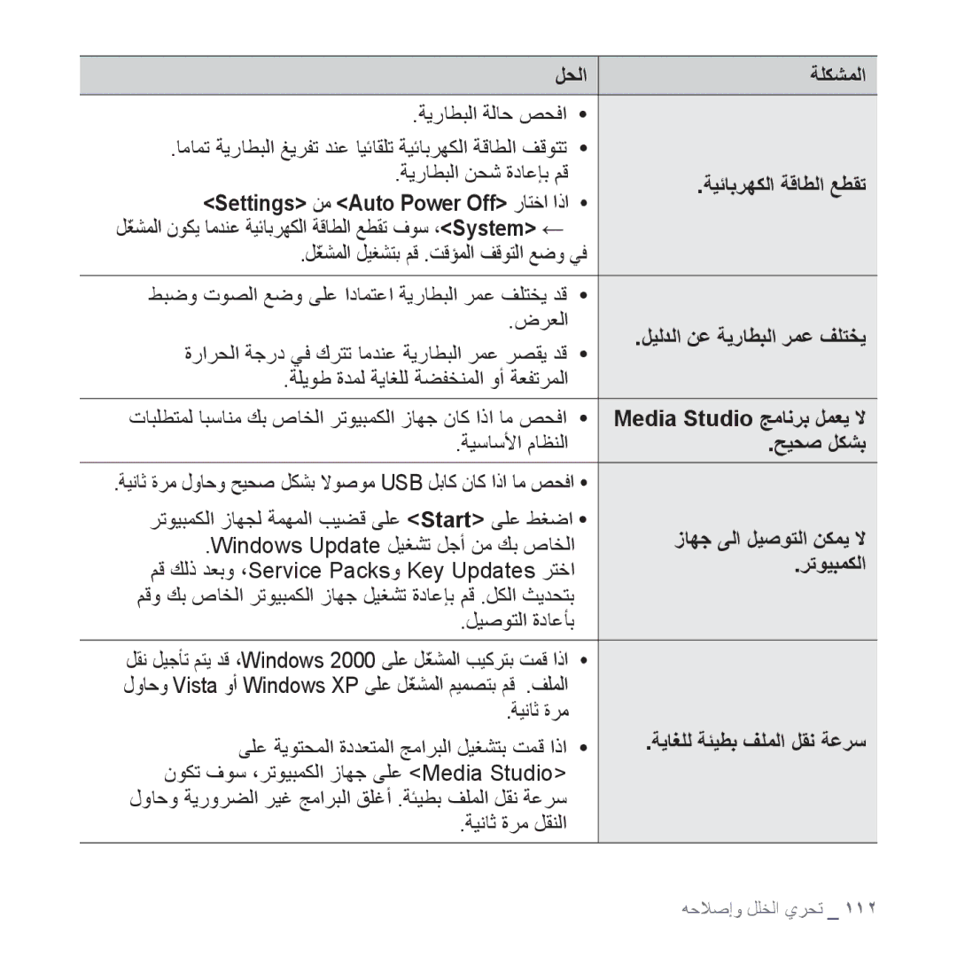 Samsung YP-S5AB/AAW ةيئابرهكلا ةقاطلا عطقت, Settings نم Auto Power Off راتخا اذا, ليلدلا نع ةيراطبلا رمع فلتخي, حيحص لكشب 