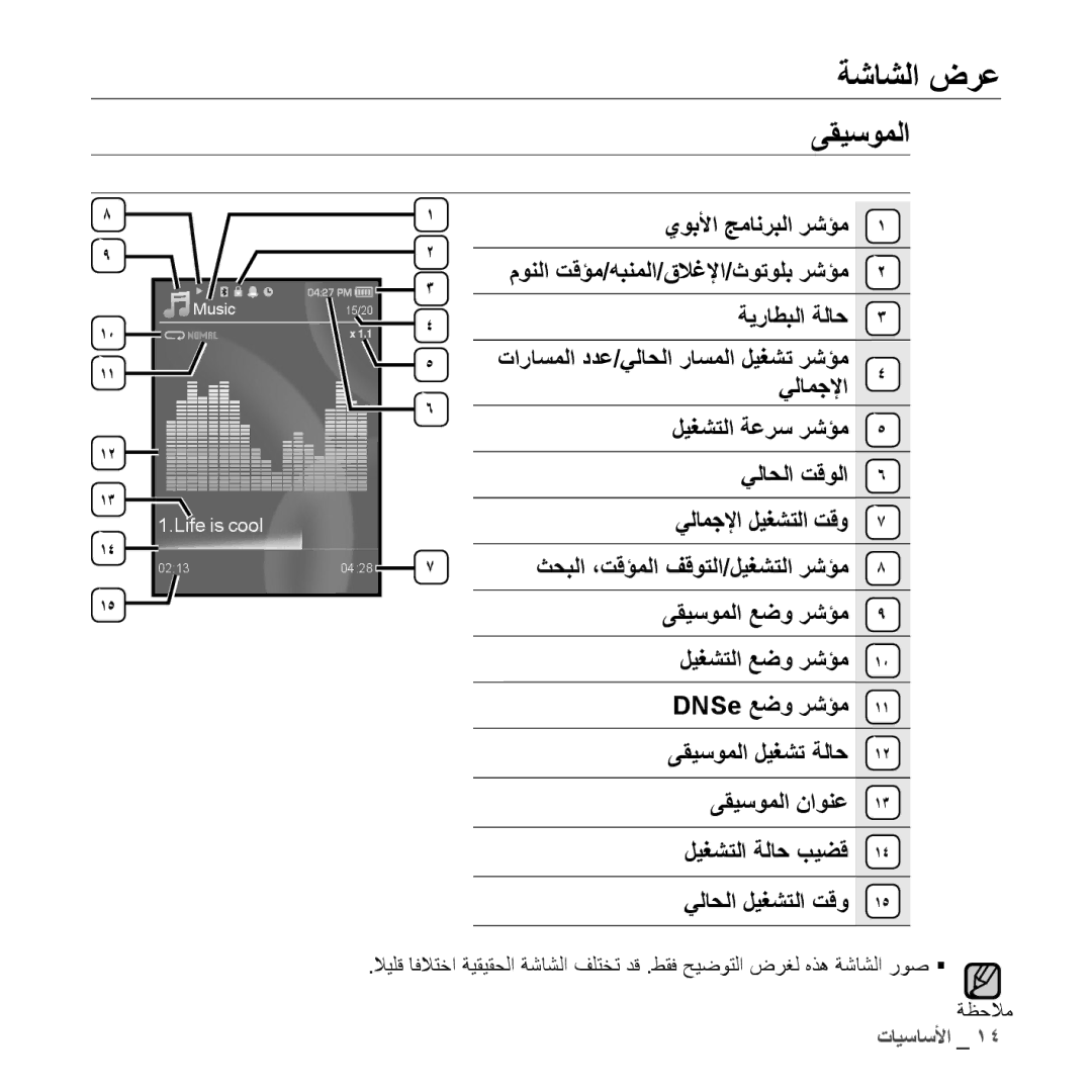 Samsung YP-S5CW/AAW, YP-S5AB/HAC, YP-S5QB/HAC, YP-S5QW/HAC, YP-S5CW/HAC, YP-S5AB/AAW, YP-S5AW/HAC manual ةشاشلا ضرع, ىقيسوملا 