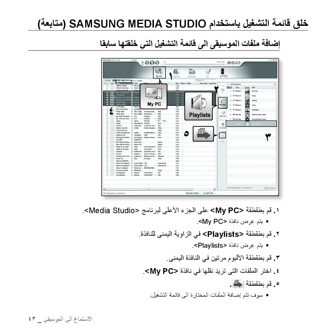 Samsung YP-S5AB/MEA ةعباتم Samsung Media Studio مادختساب ليغشتلا ةمئاق قلخ, ةذفانلل ىنميلا ةيوازلا يف Playlists ةقطقطب مق 