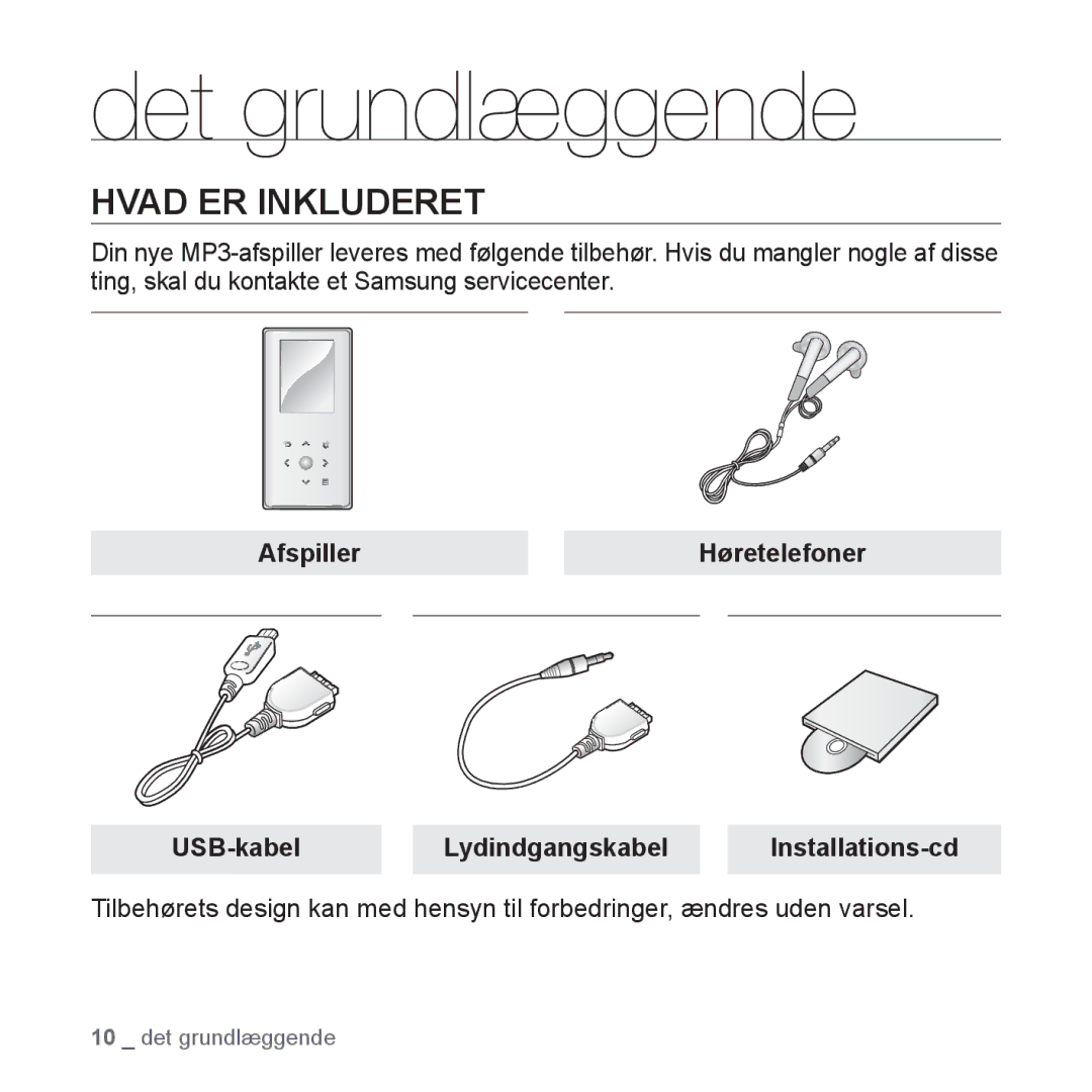 Samsung YP-S5JAB/XEE manual Det grundlæggende, Hvad ER Inkluderet, Afspiller Høretelefoner USB-kabel Lydindgangskabel 