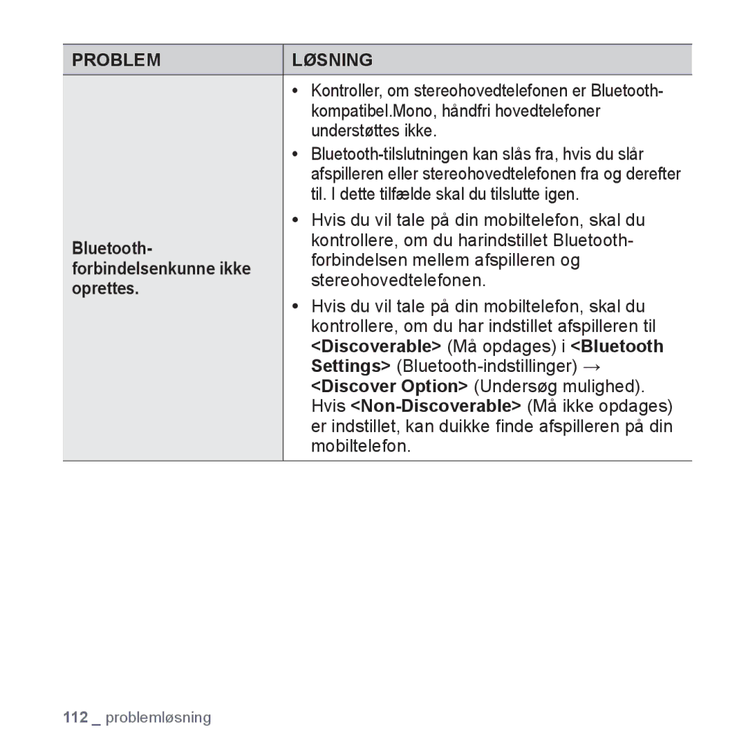 Samsung YP-S5JAB/XEE manual Oprettes, Discoverable Må opdages i Bluetooth 