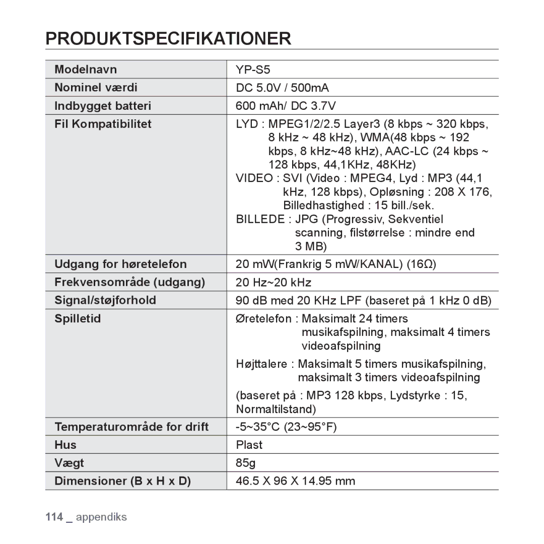 Samsung YP-S5JAB/XEE manual Produktspecifikationer, Fil Kompatibilitet 