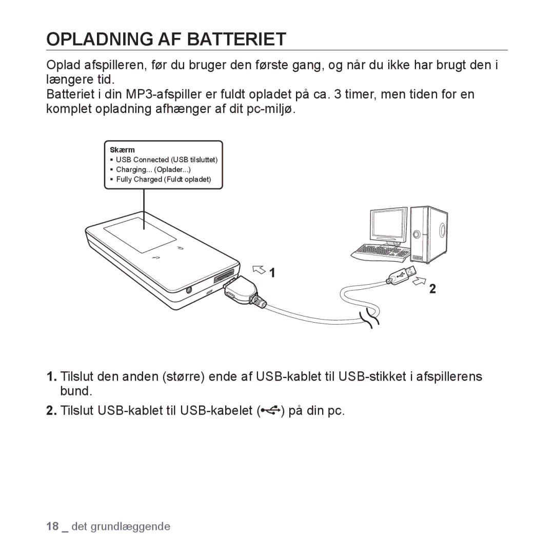 Samsung YP-S5JAB/XEE manual Opladning AF Batteriet 