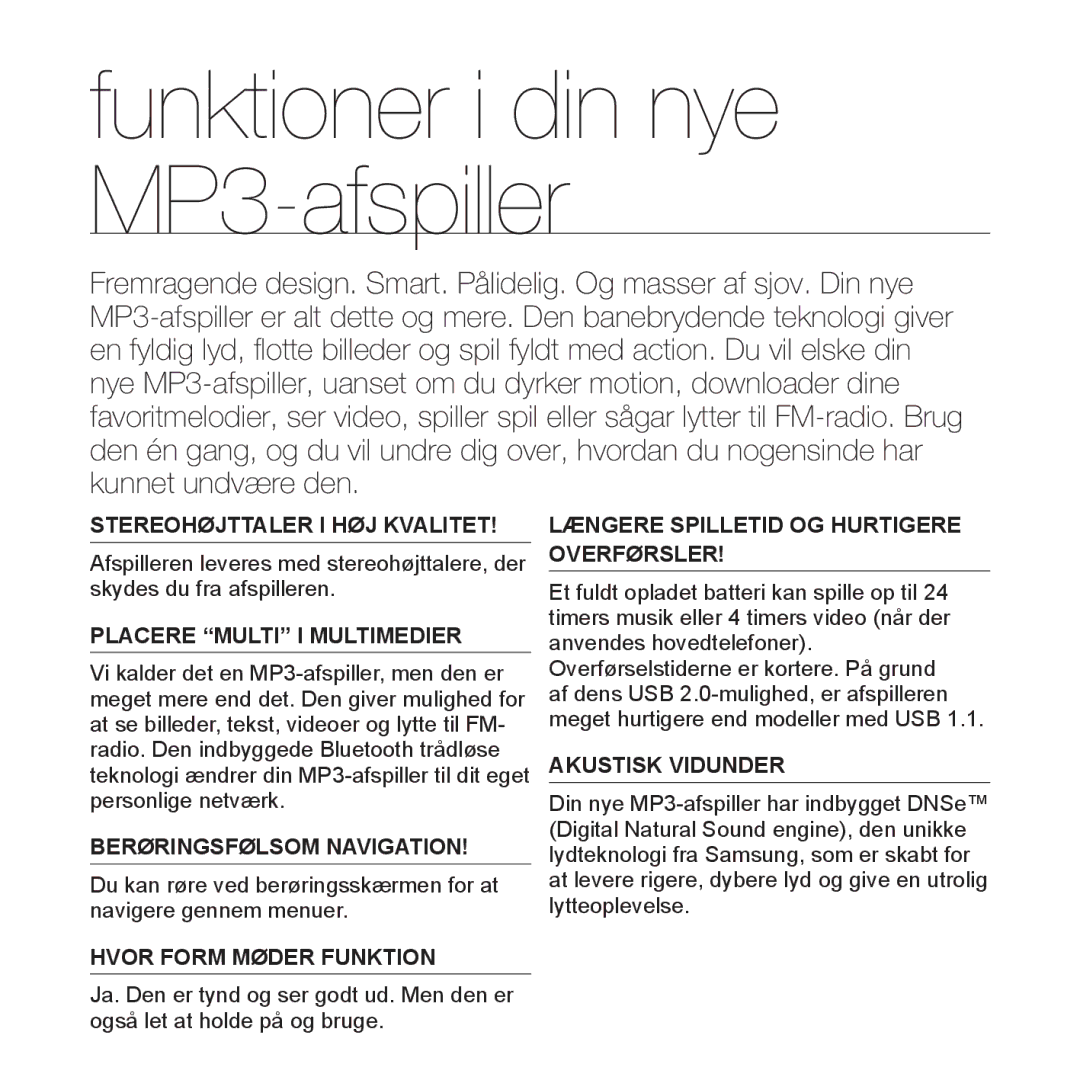 Samsung YP-S5JAB/XEE manual Funktioner i din nye MP3-afspiller 