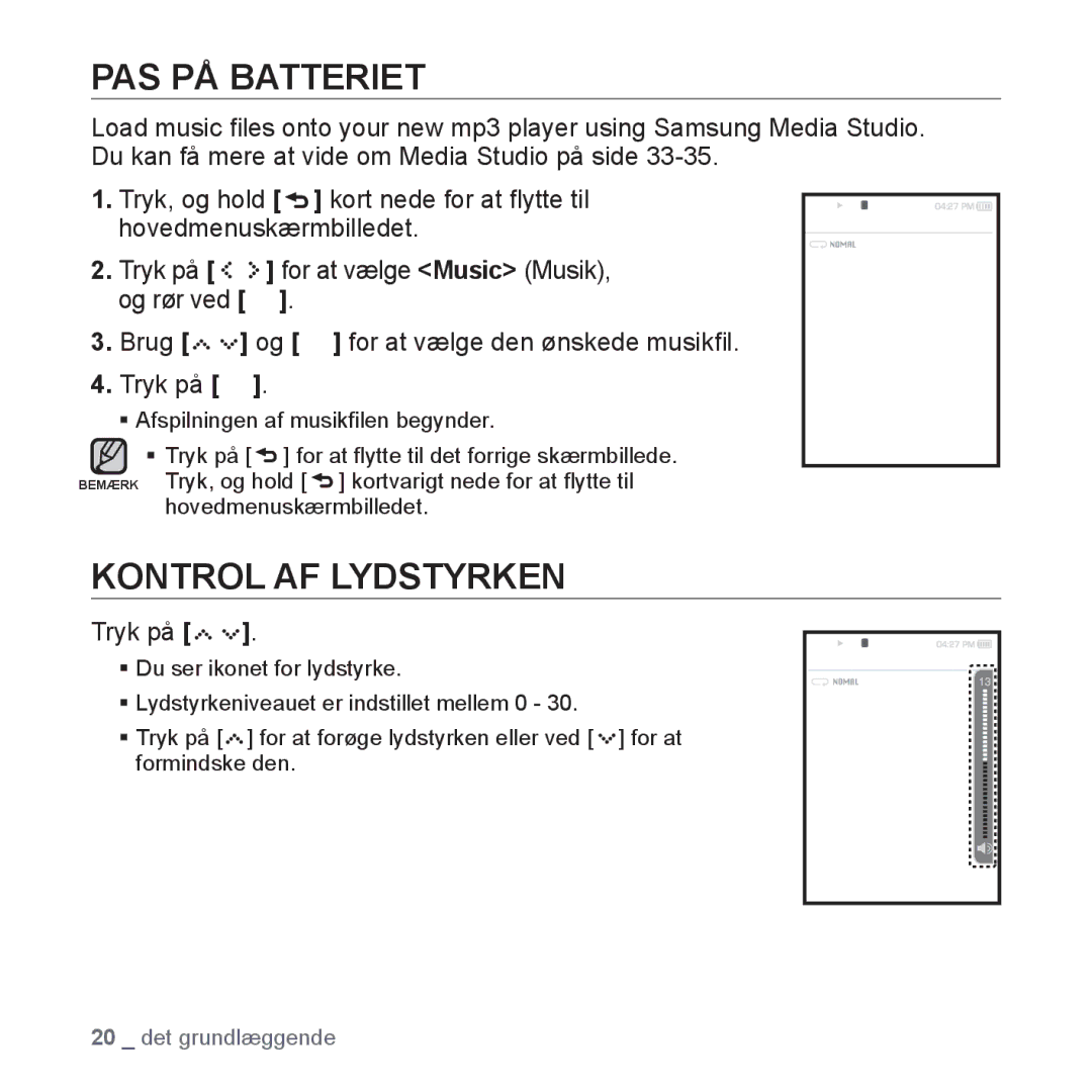 Samsung YP-S5JAB/XEE manual Kontrol AF Lydstyrken, Tryk på 