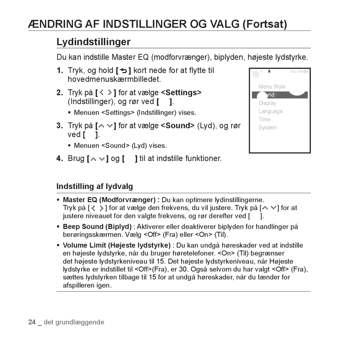 Samsung YP-S5JAB/XEE manual Ændring AF Indstillinger OG Valg Fortsat, Lydindstillinger, Indstilling af lydvalg 