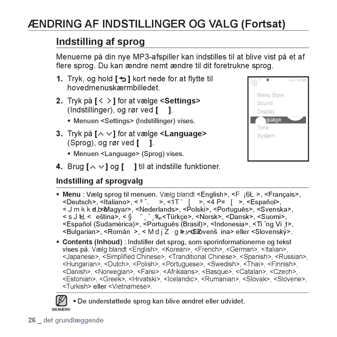 Samsung YP-S5JAB/XEE manual Tryk på for at vælge Language Sprog, og rør ved, Indstilling af sprogvalg 