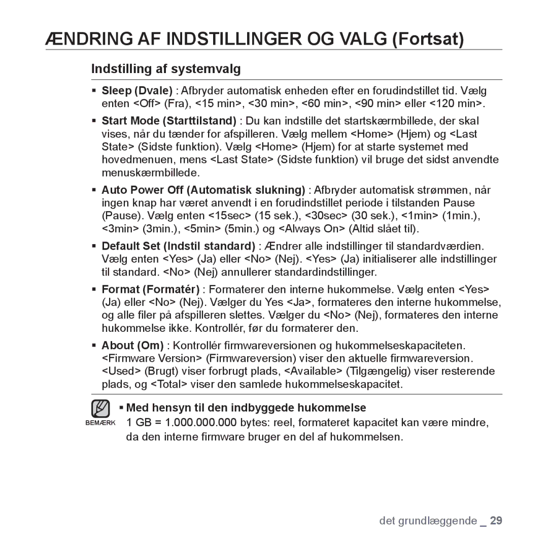 Samsung YP-S5JAB/XEE manual Indstilling af systemvalg, ƒ Med hensyn til den indbyggede hukommelse 