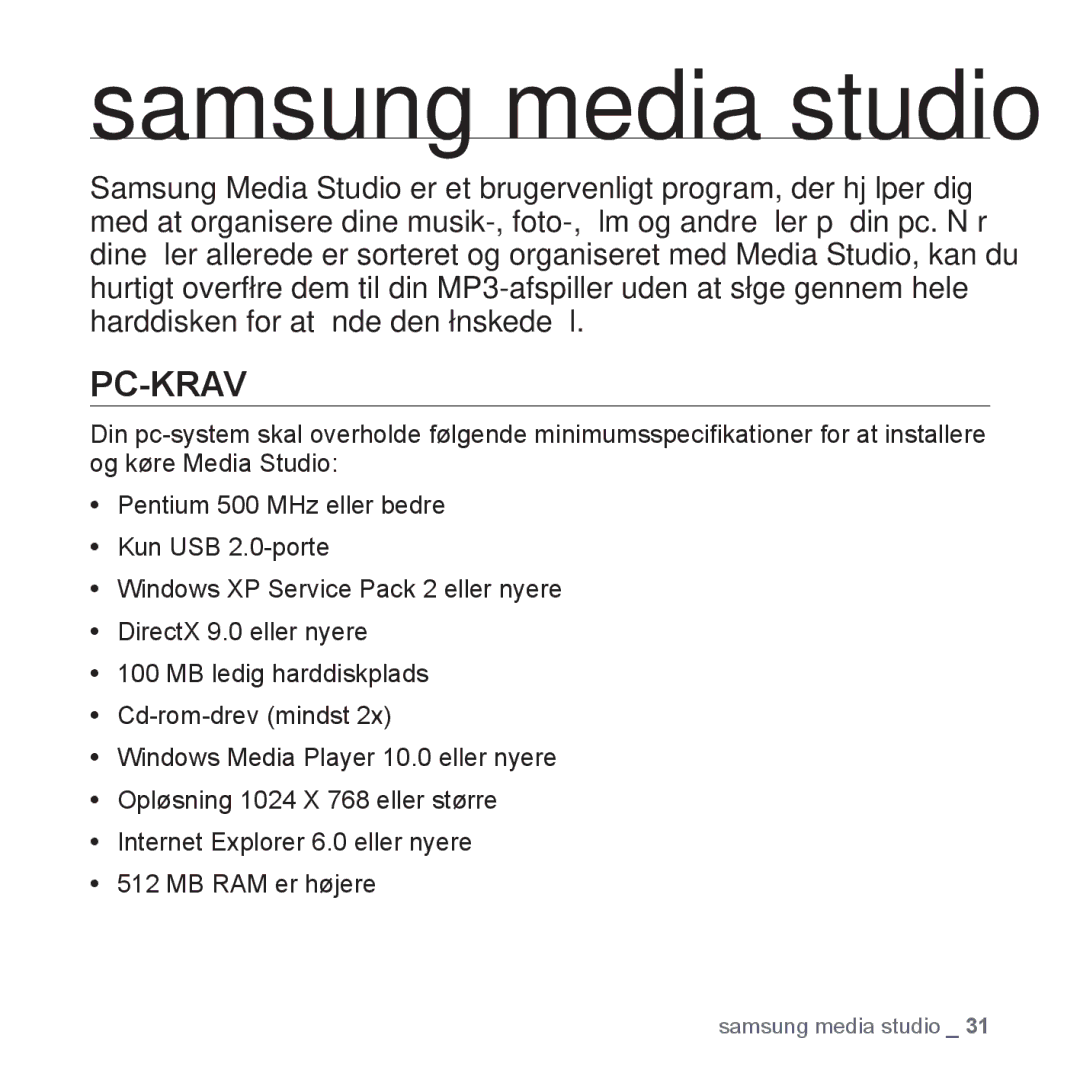 Samsung YP-S5JAB/XEE manual Samsung media studio, Pc-Krav 