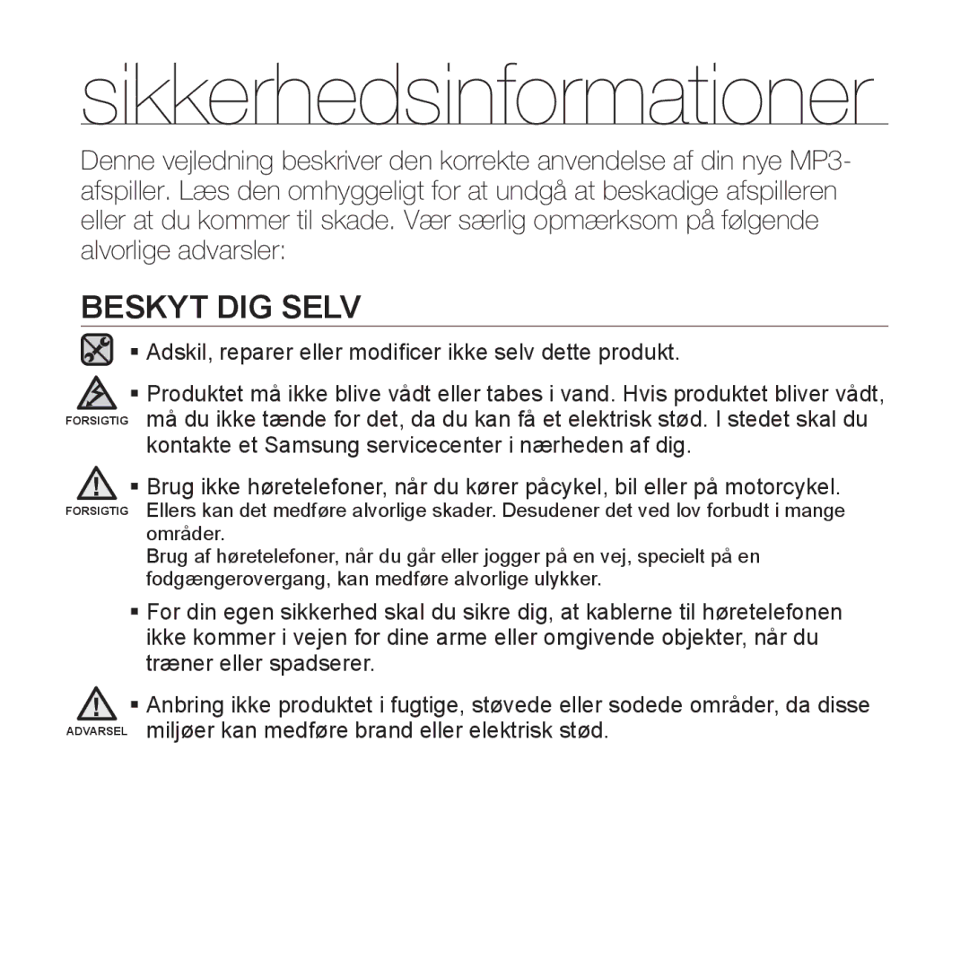 Samsung YP-S5JAB/XEE manual Beskyt DIG Selv 