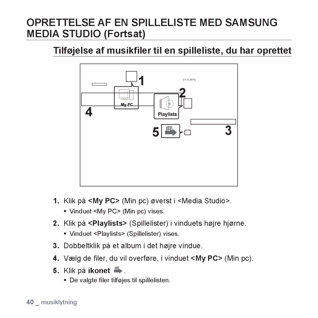 Samsung YP-S5JAB/XEE manual Tilføjelse af musikﬁler til en spilleliste, du har oprettet 