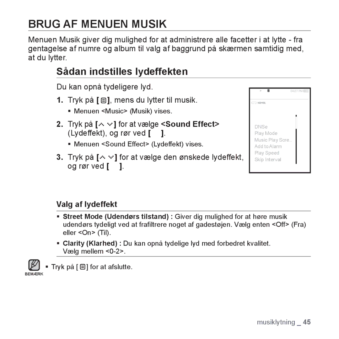 Samsung YP-S5JAB/XEE manual Brug AF Menuen Musik, Sådan indstilles lydeffekten, Valg af lydeffekt 