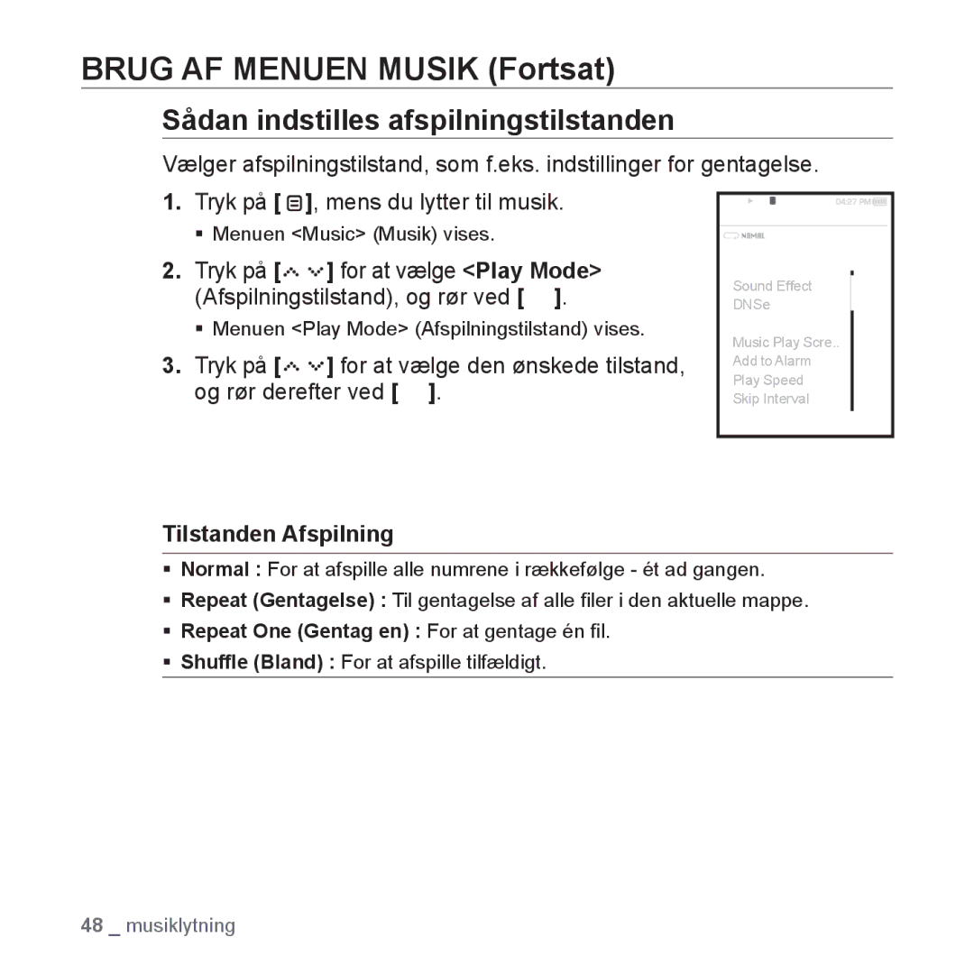 Samsung YP-S5JAB/XEE manual Sådan indstilles afspilningstilstanden, Tilstanden Afspilning 