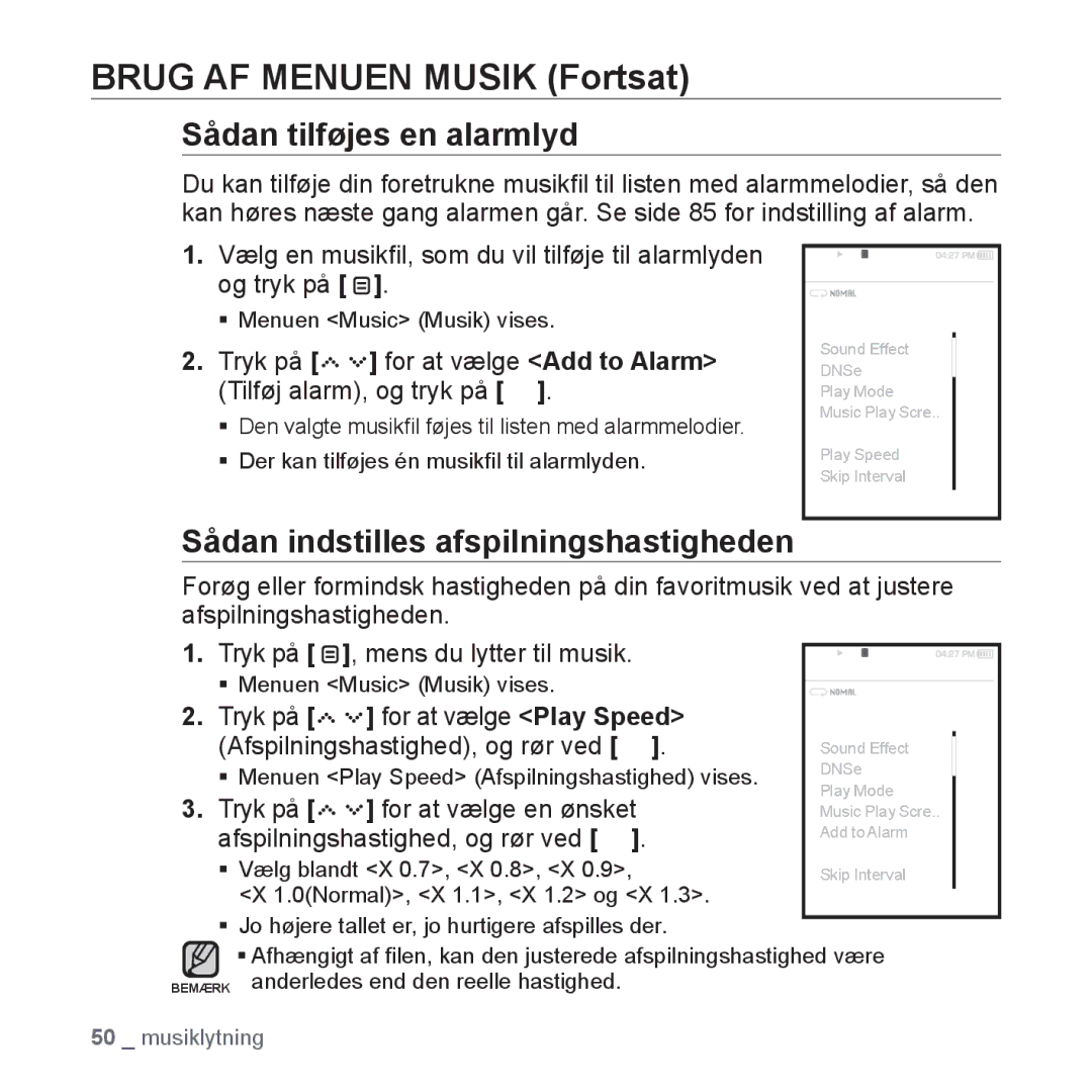 Samsung YP-S5JAB/XEE manual Sådan tilføjes en alarmlyd, Sådan indstilles afspilningshastigheden 