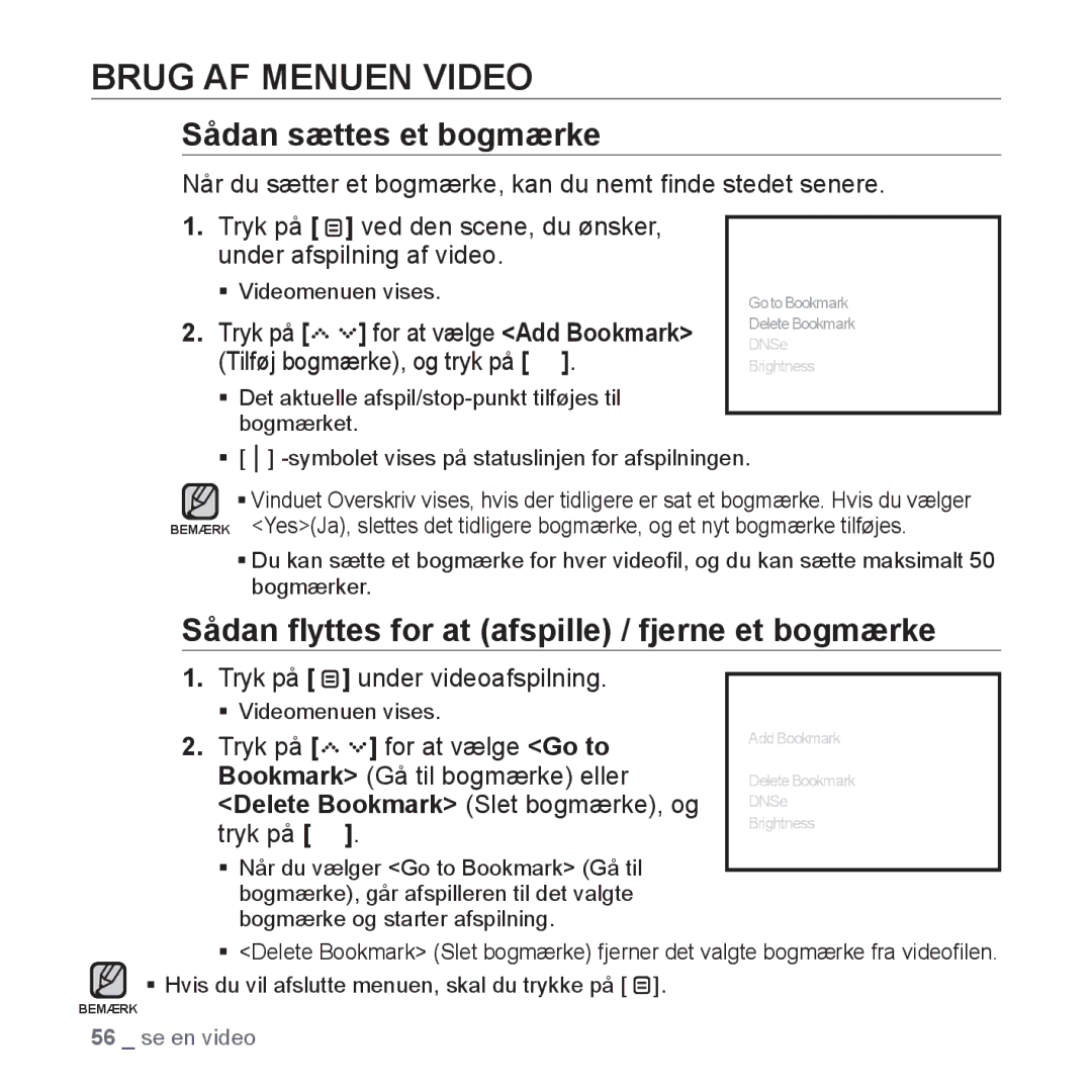 Samsung YP-S5JAB/XEE manual Brug AF Menuen Video, Tryk på, ƒ Videomenuen vises 