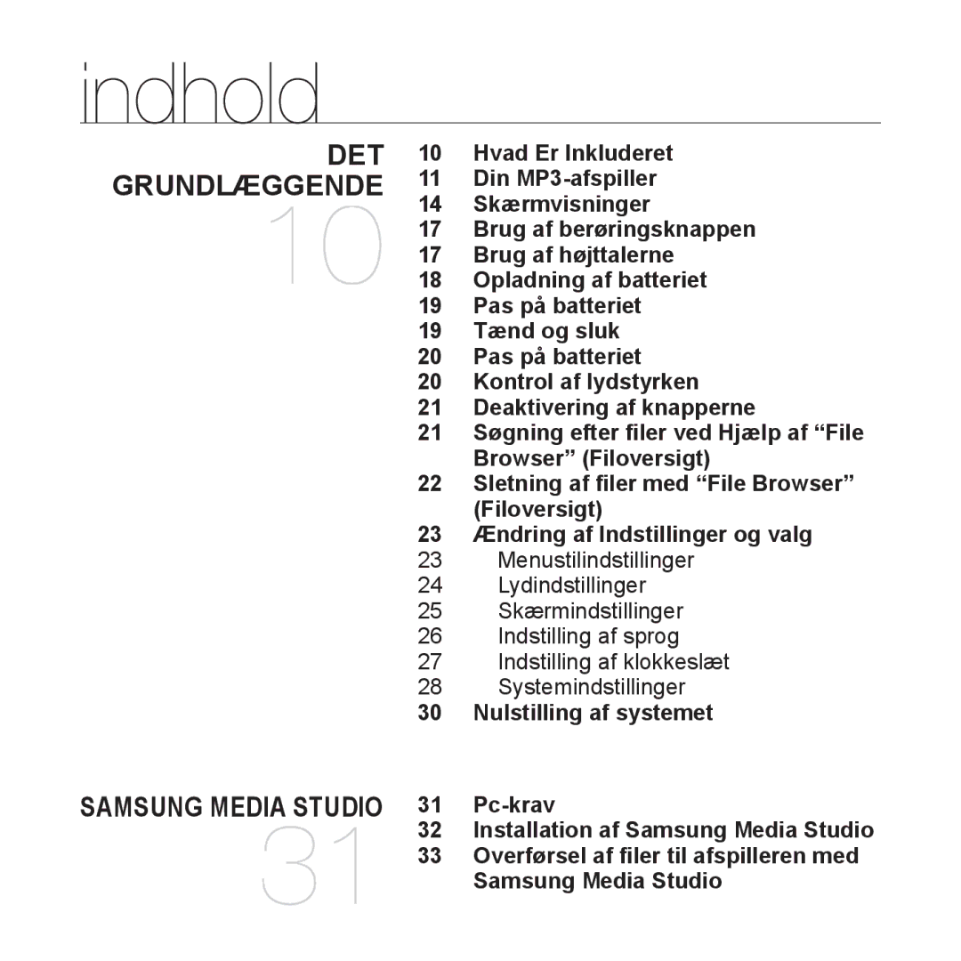 Samsung YP-S5JAB/XEE manual Indhold, Nulstilling af systemet 