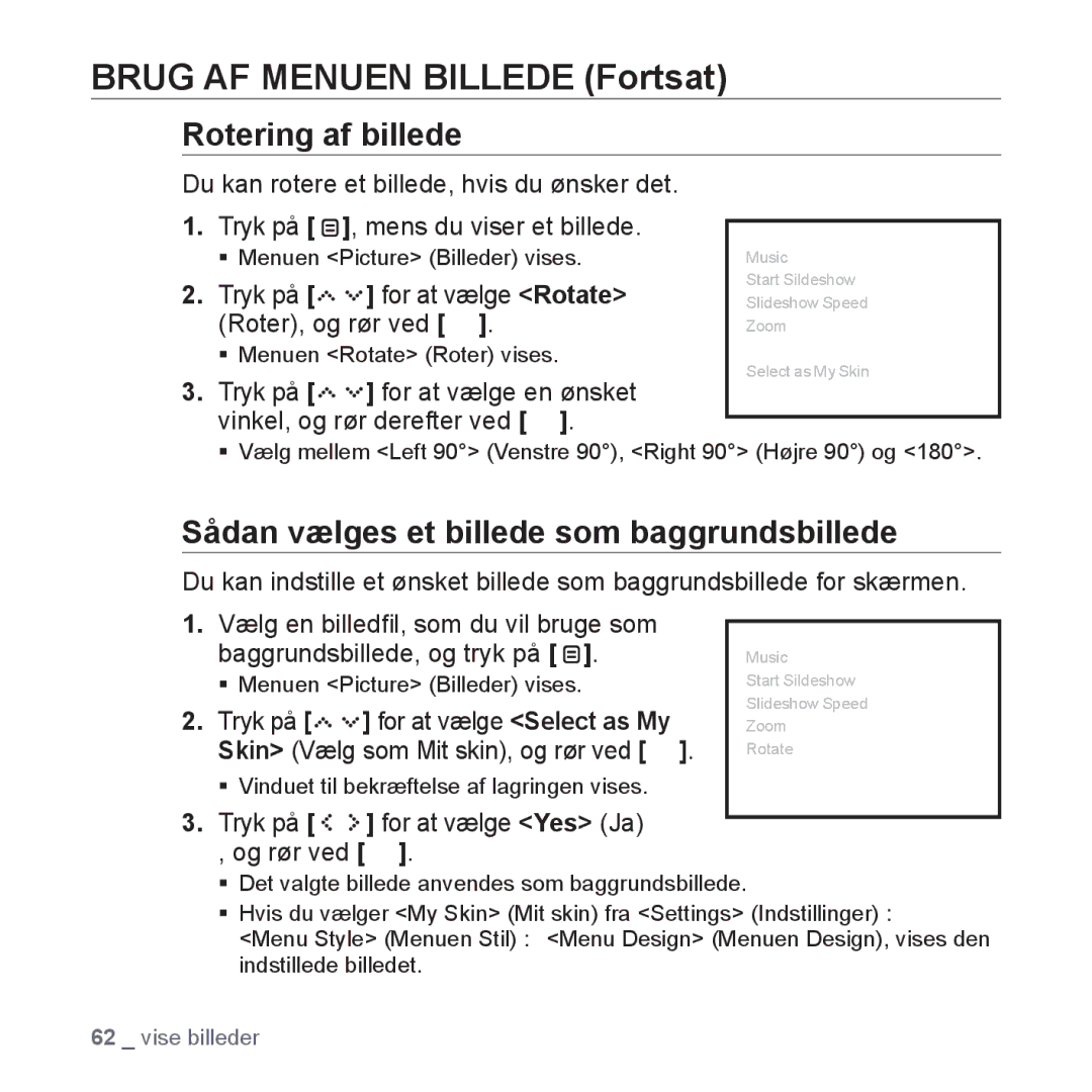 Samsung YP-S5JAB/XEE manual Rotering af billede, Sådan vælges et billede som baggrundsbillede 