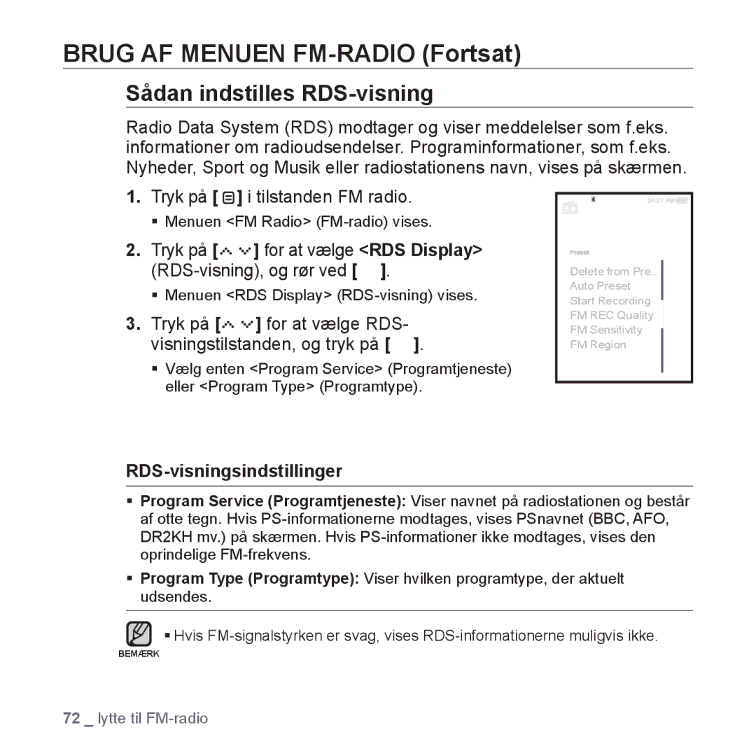 Samsung YP-S5JAB/XEE manual Sådan indstilles RDS-visning, Tryk på for at vælge RDS Display RDS-visning, og rør ved 