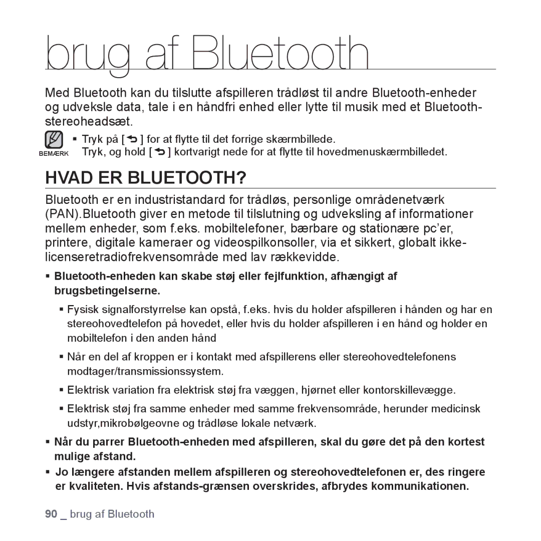 Samsung YP-S5JAB/XEE manual Brug af Bluetooth, Hvad ER BLUETOOTH? 