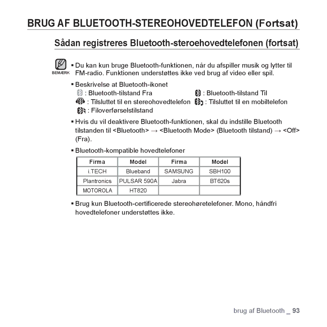 Samsung YP-S5JAB/XEE manual Brug AF BLUETOOTH-STEREOHOVEDTELEFON Fortsat 