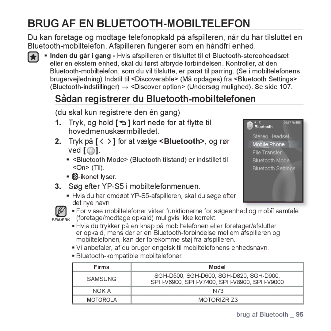 Samsung YP-S5JAB/XEE manual Brug AF EN BLUETOOTH-MOBILTELEFON, Sådan registrerer du Bluetooth-mobiltelefonen, Ved 