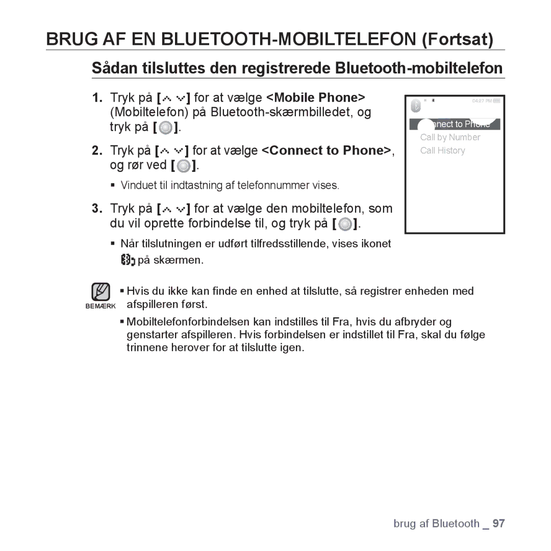 Samsung YP-S5JAB/XEE manual Sådan tilsluttes den registrerede Bluetooth-mobiltelefon 