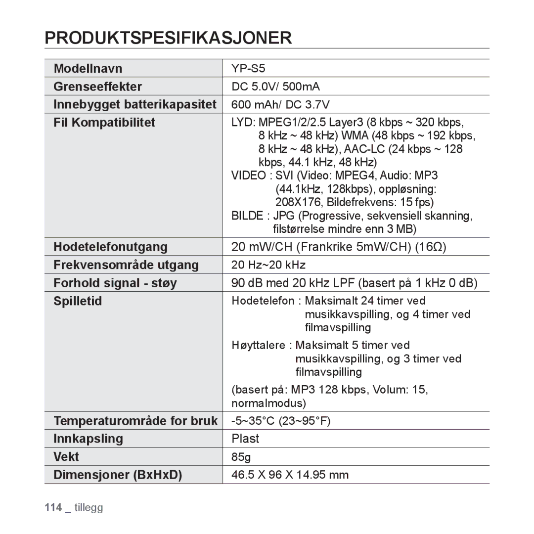 Samsung YP-S5JAB/XEE manual Produktspesifikasjoner 