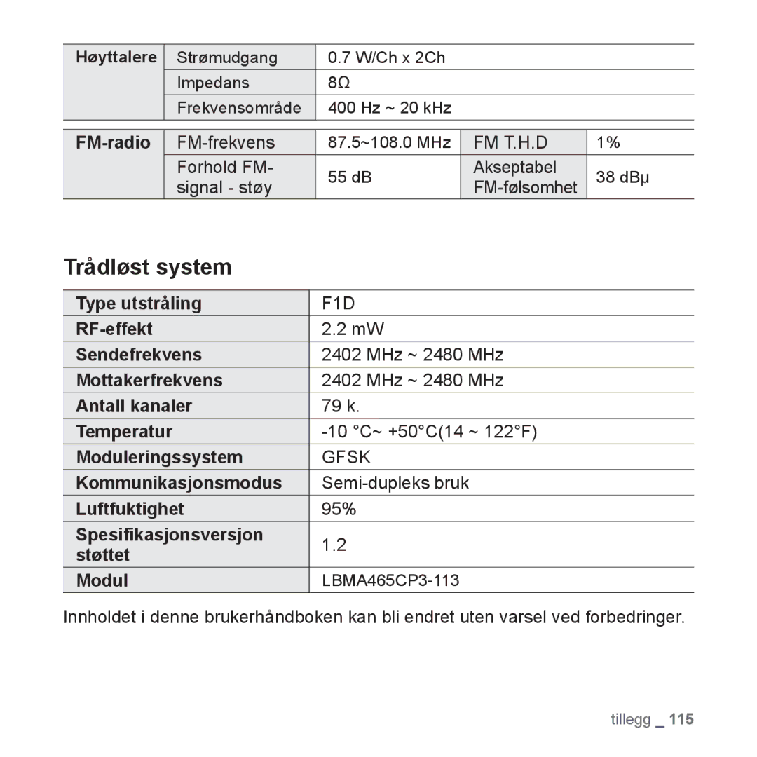 Samsung YP-S5JAB/XEE manual Trådløst system, FM-radio, Type utstråling 