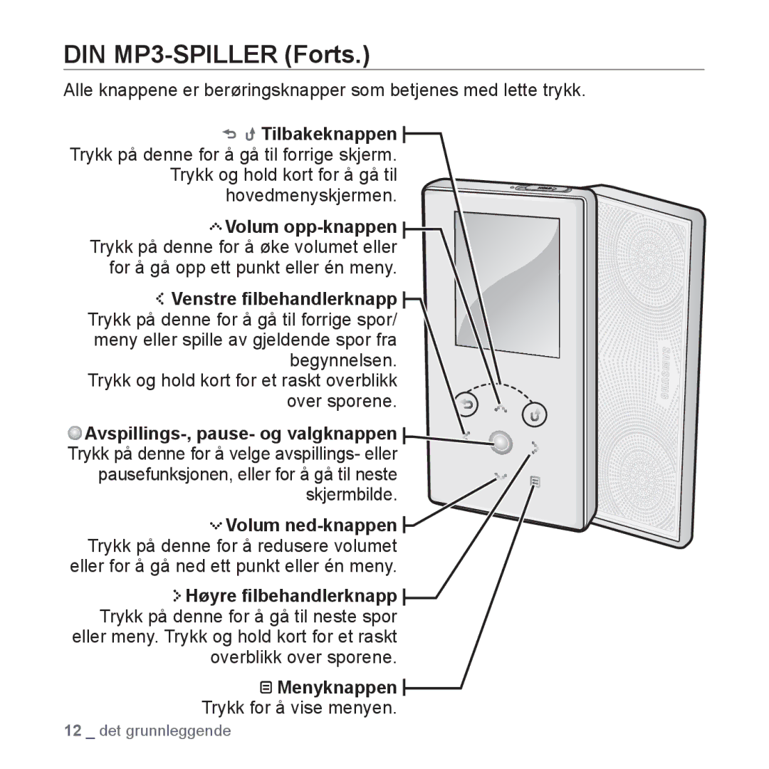 Samsung YP-S5JAB/XEE manual DIN MP3-SPILLER Forts, Tilbakeknappen Trykk på denne for å gå til forrige skjerm 